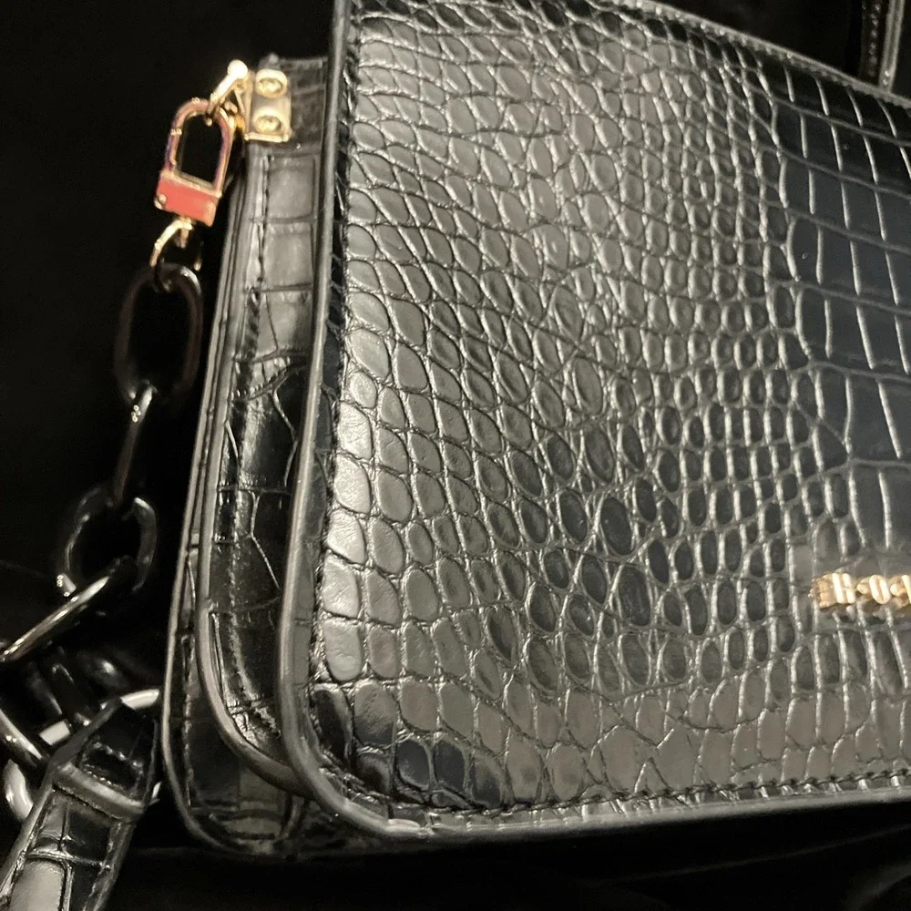 HOUSE OF WANT Newbie Satchel Bag Black Gold Hardware Croc Vegan Leather Purse